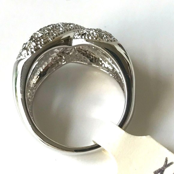 Vintage Silver Criss Cross Cocktail Ring Swarovski Crystal Size 9 Camilla Lucia - Picture 9 of 12